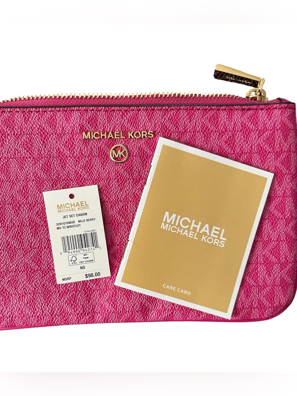 Michael Kors Hot Pink Signature Wristlet Zip Pouch with Gold Hardware New - Picture 2 of 6